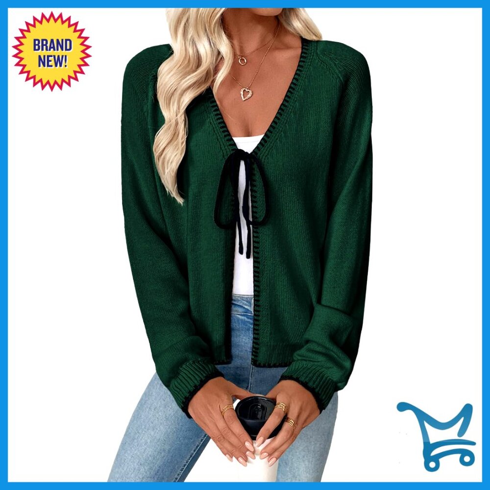 Lightweight Chunky Knit Cardigan, V-Neck Open Front with Bow Tie, Size Medium